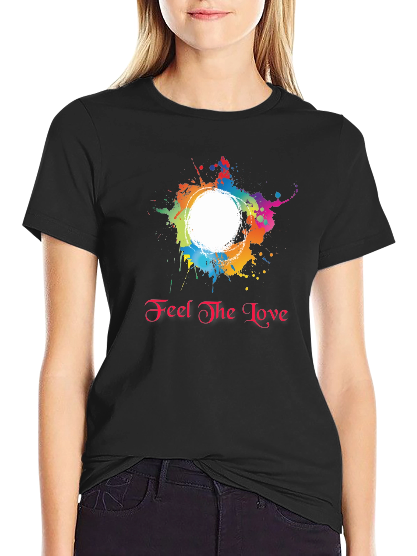 Feel the Love Black T-Shirt with Colorful Splatter Design