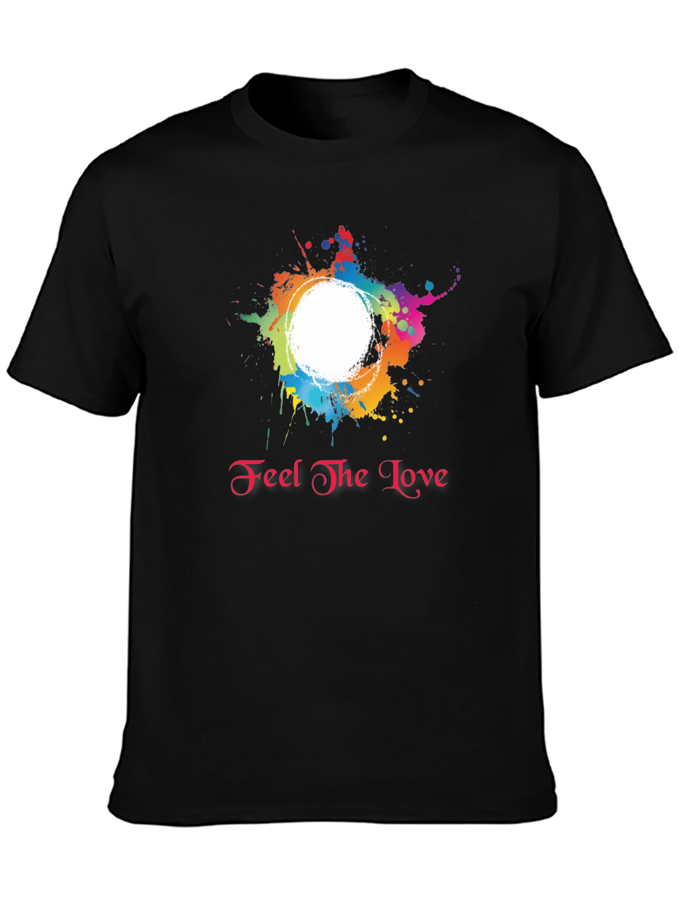 Feel the Love Black T-Shirt with Colorful Splatter Design