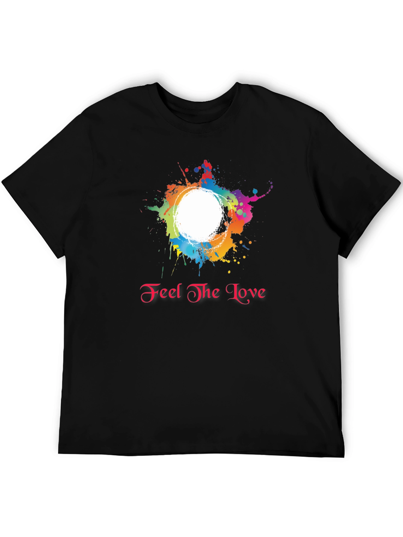 Feel the Love Black T-Shirt with Colorful Splatter Design