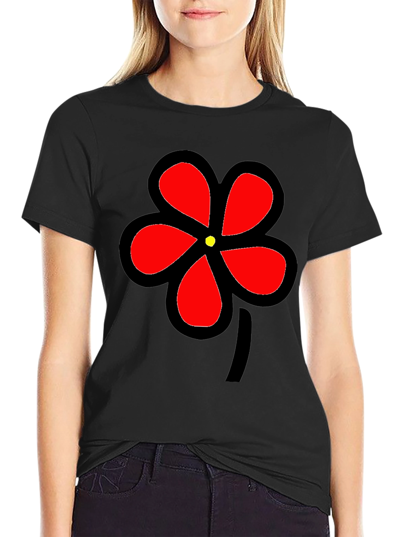 Black T-Shirt with Bold Red Flower Graphic