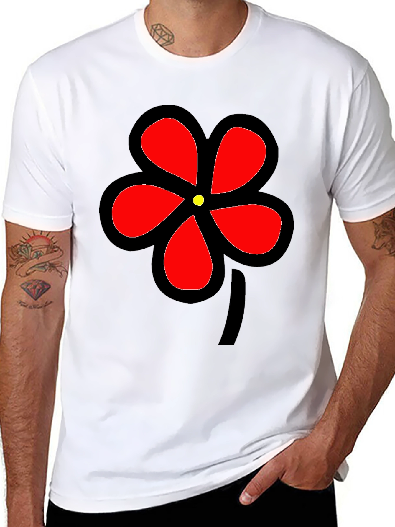 Black T-Shirt with Bold Red Flower Graphic
