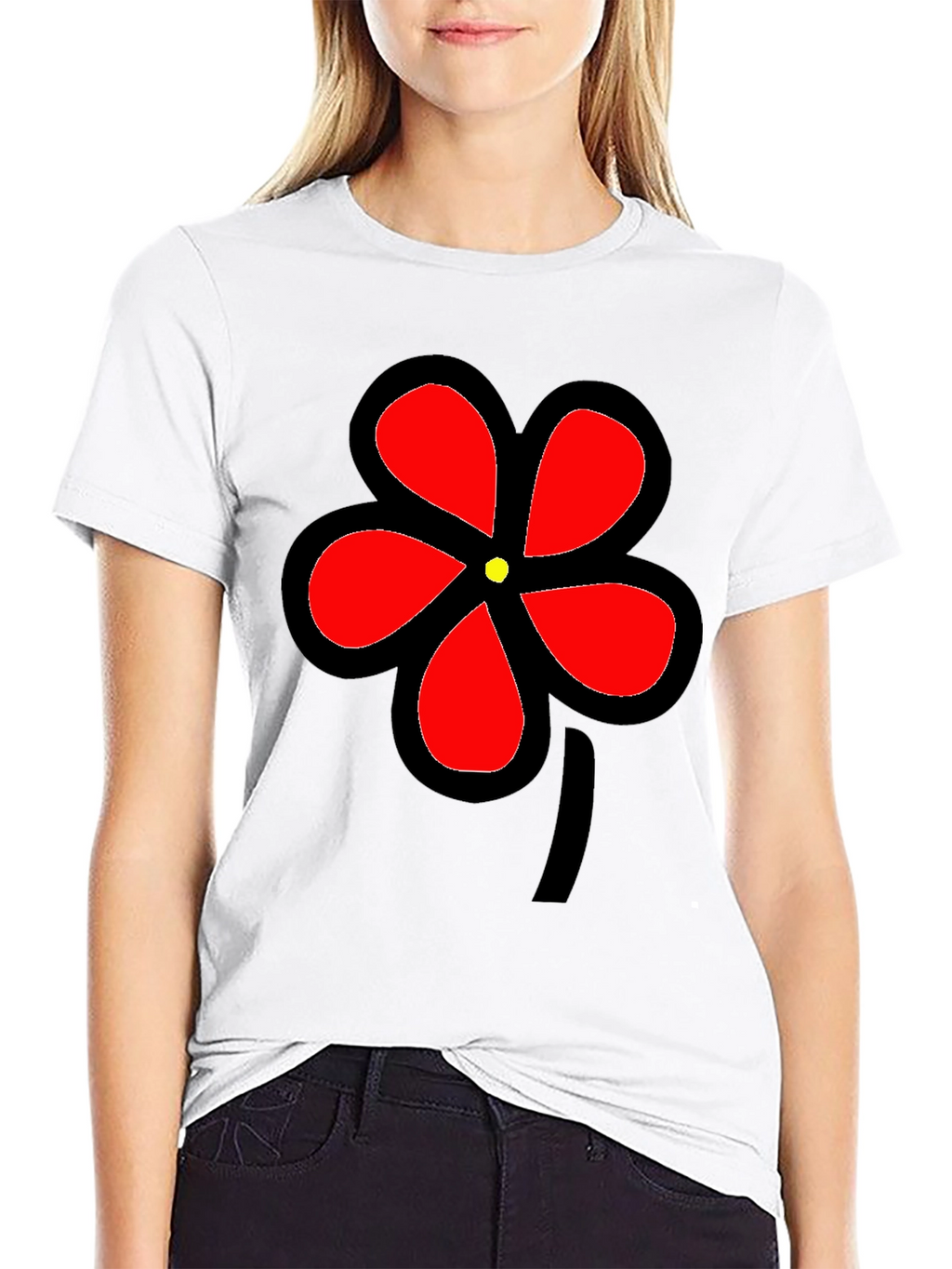 Black T-Shirt with Bold Red Flower Graphic