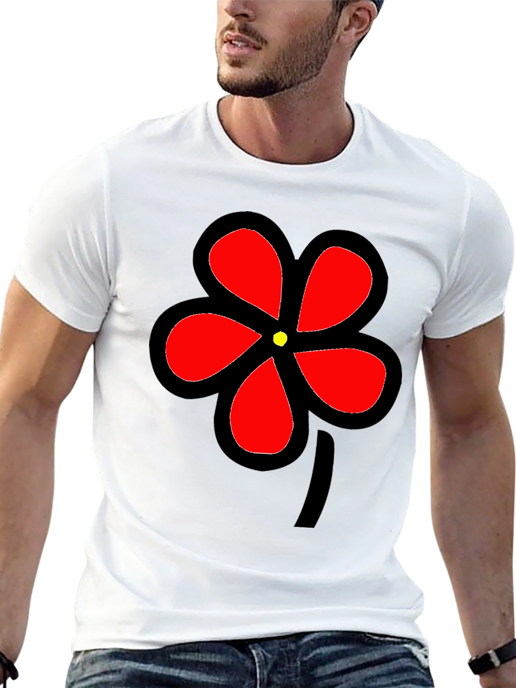 Black T-Shirt with Bold Red Flower Graphic