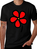 Black T-Shirt with Bold Red Flower Graphic