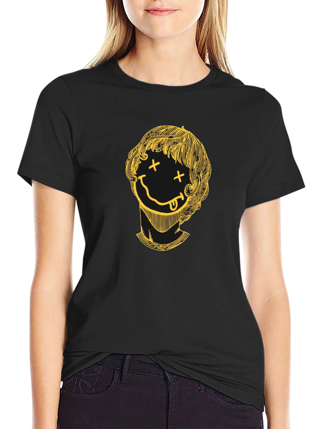 Smiley Face Graphic Tee - Black Crew Neck