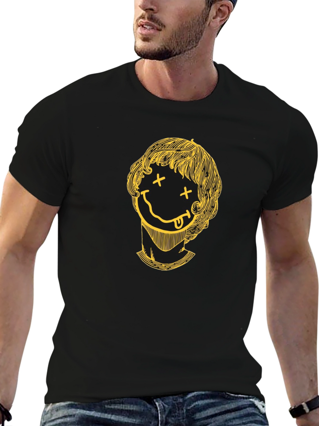 Smiley Face Graphic Tee - Black Crew Neck