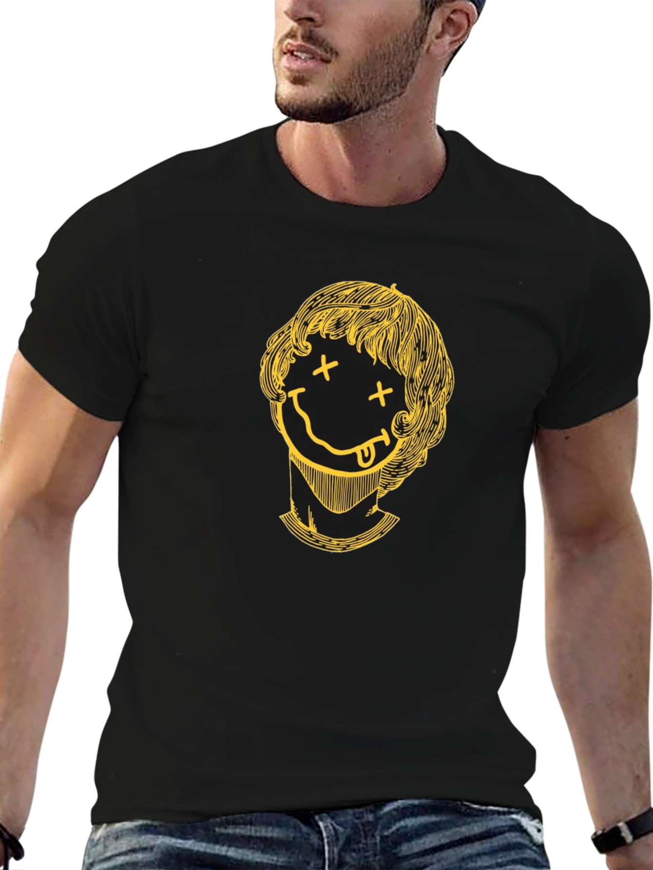 Smiley Face Graphic Tee - Black Crew Neck