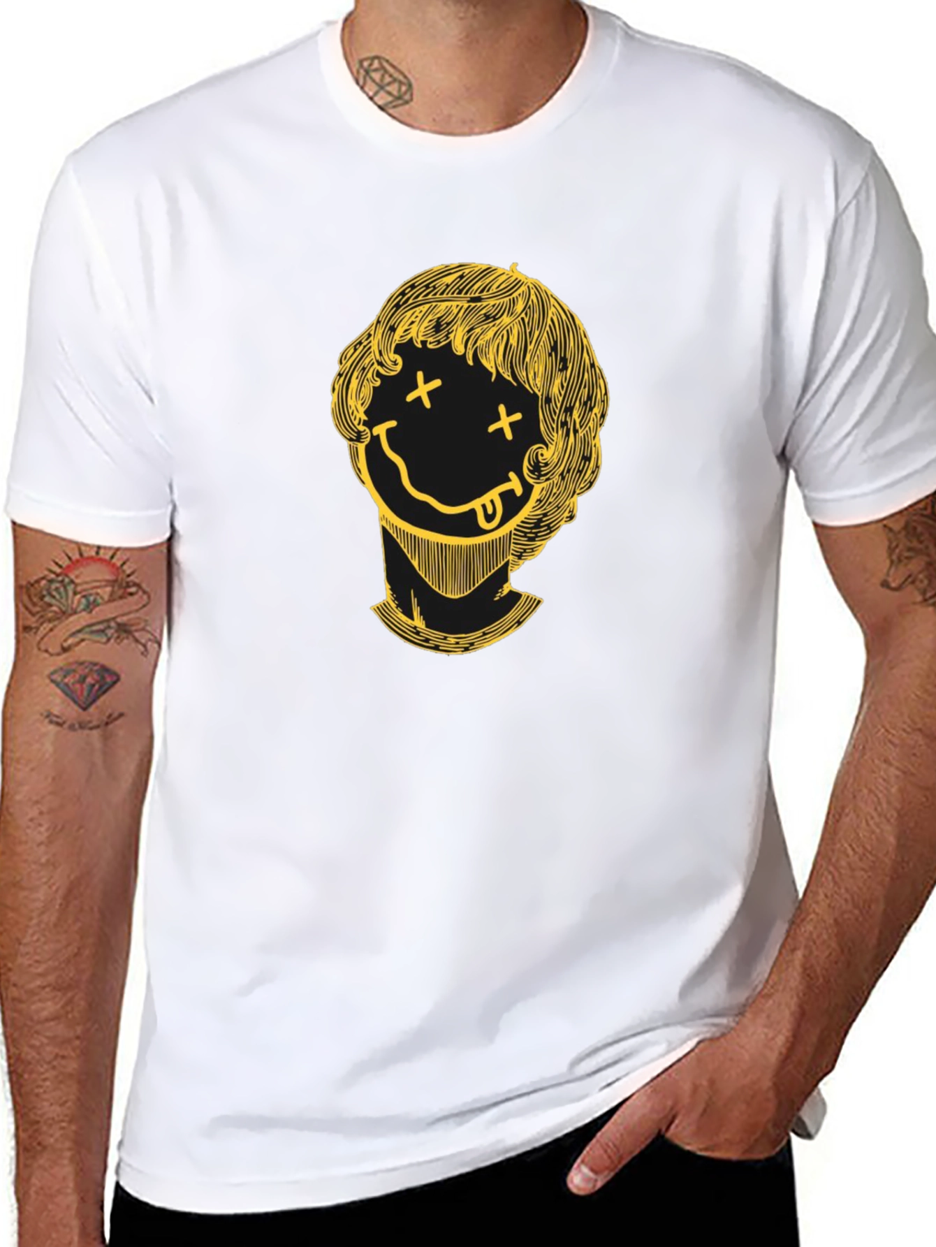 Smiley Face Graphic Tee - Black Crew Neck