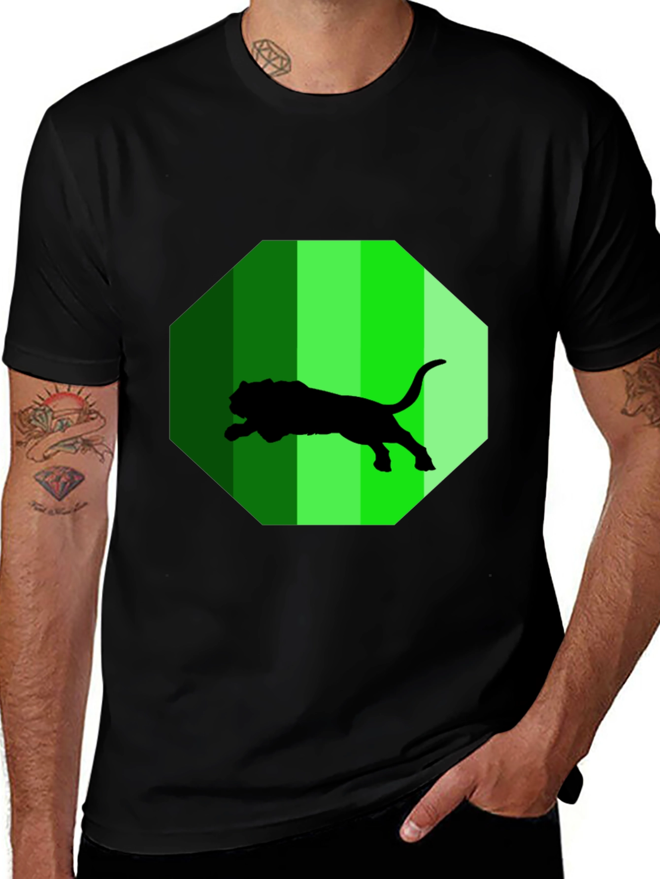 Mens Black T-Shirt with Green Jaguar Design