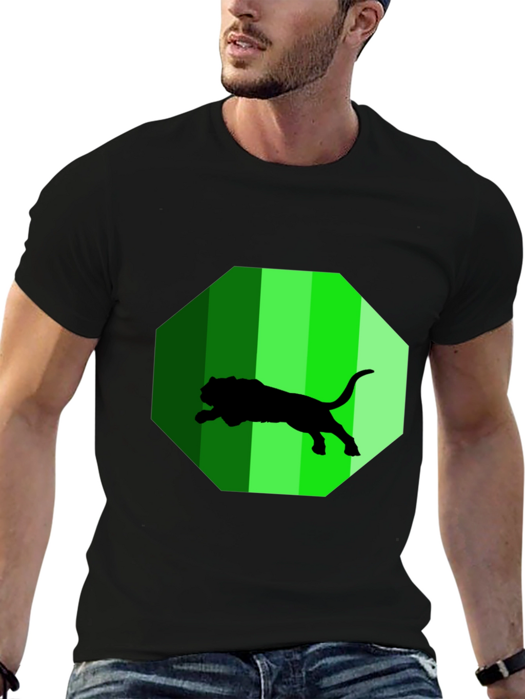 Mens Black T-Shirt with Green Jaguar Design