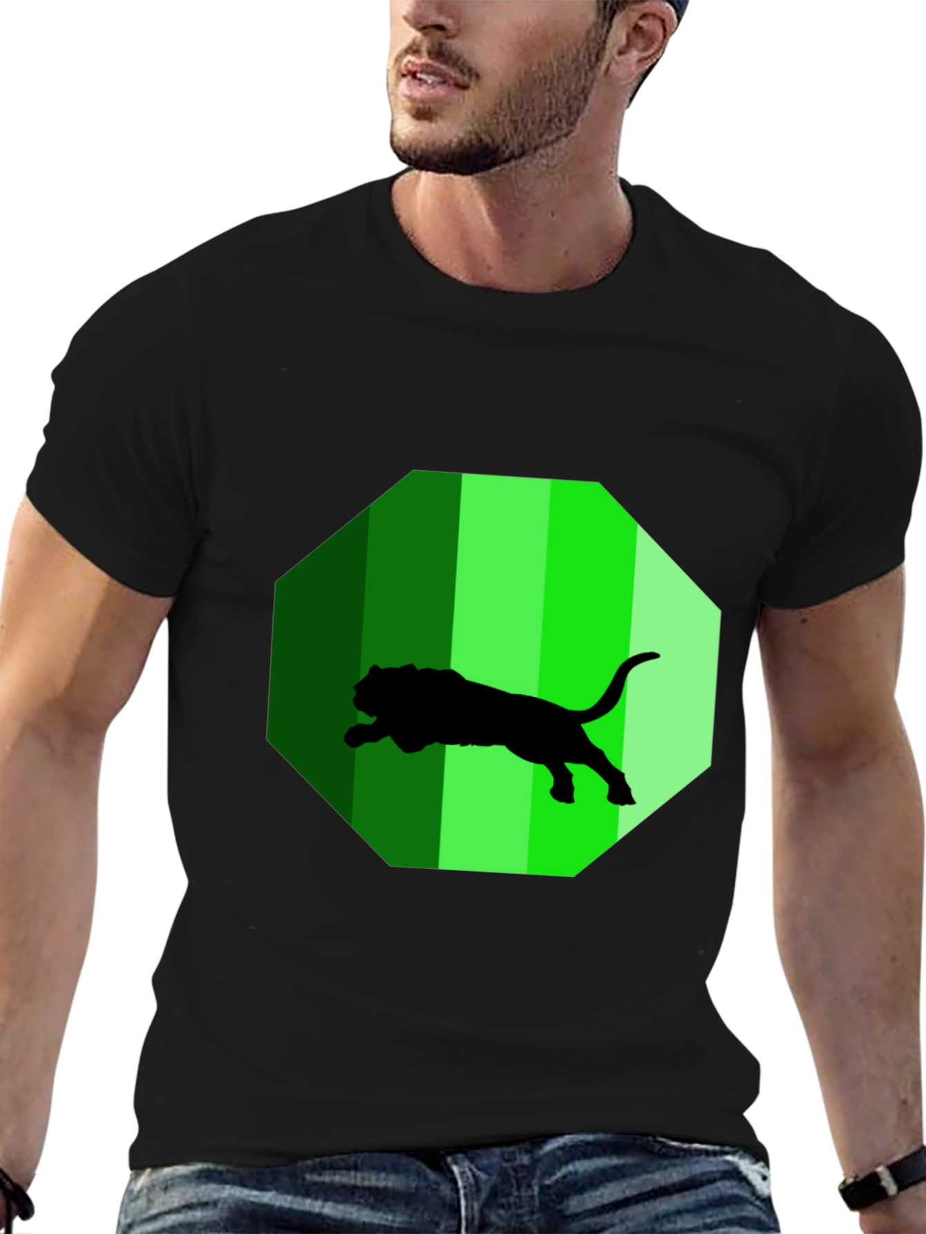 Mens Black T-Shirt with Green Jaguar Design