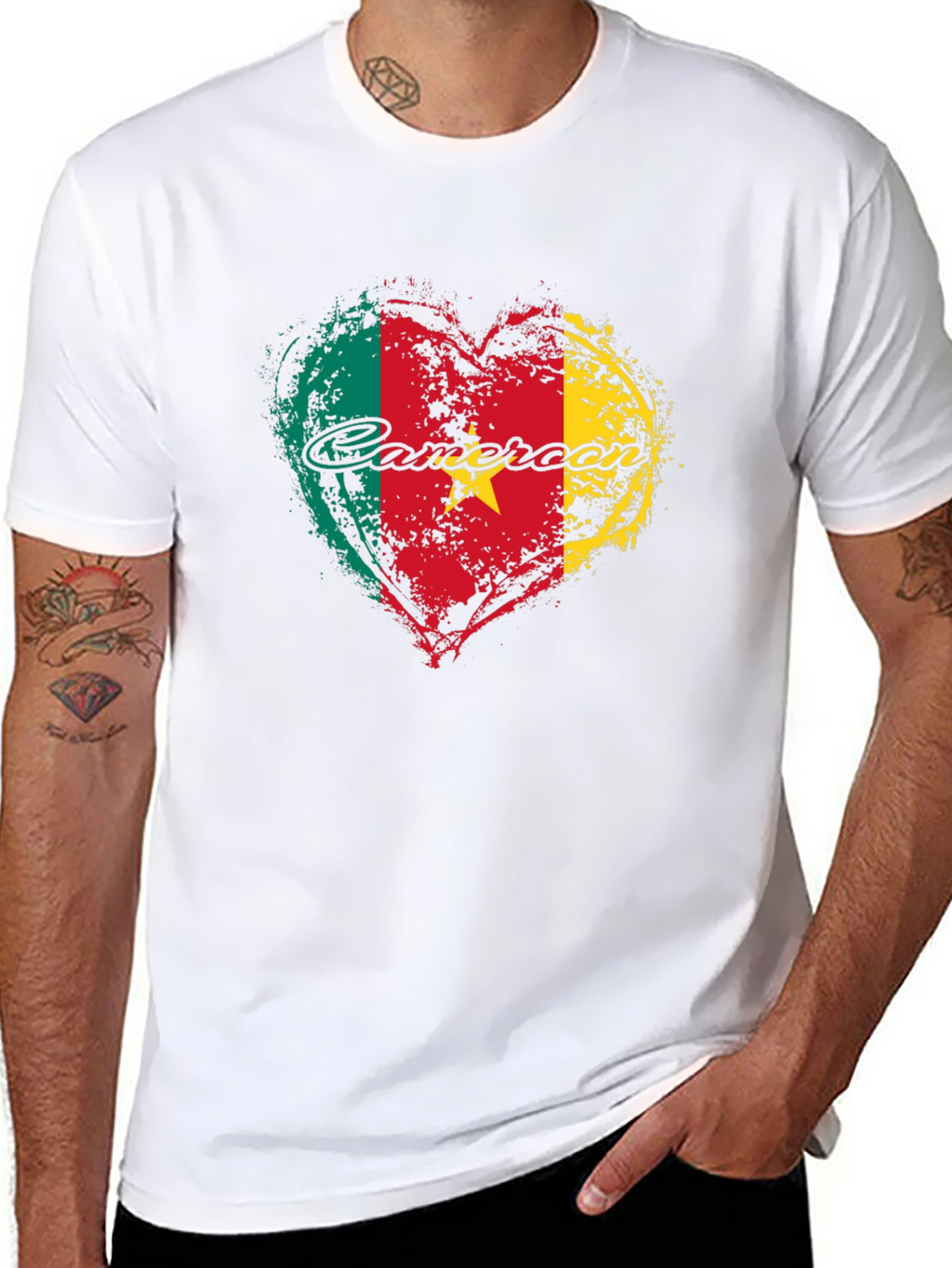 Cameroon Flag Heart T-Shirt - Black Crew Neck Tee