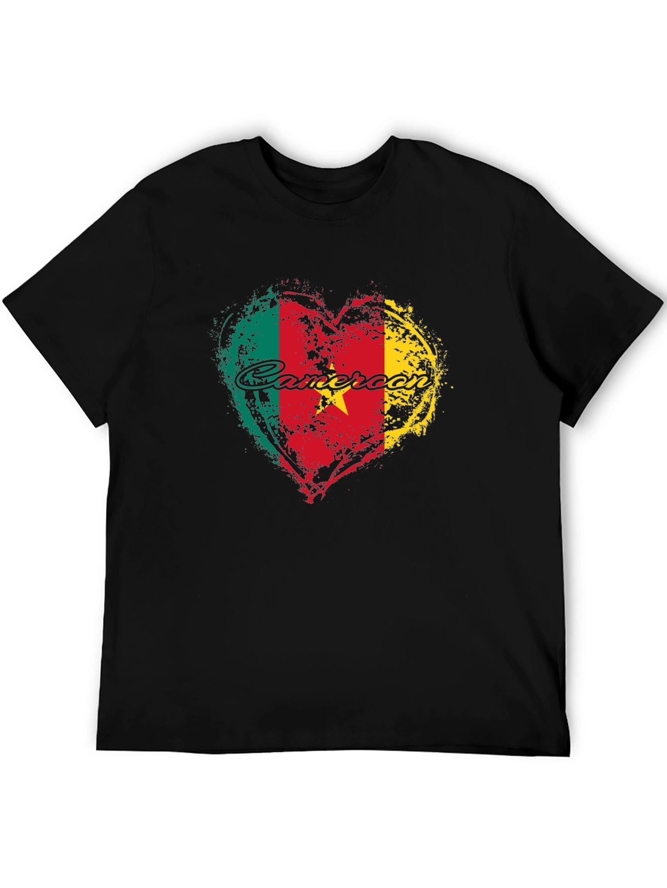 Cameroon Flag Heart T-Shirt - Black Crew Neck Tee