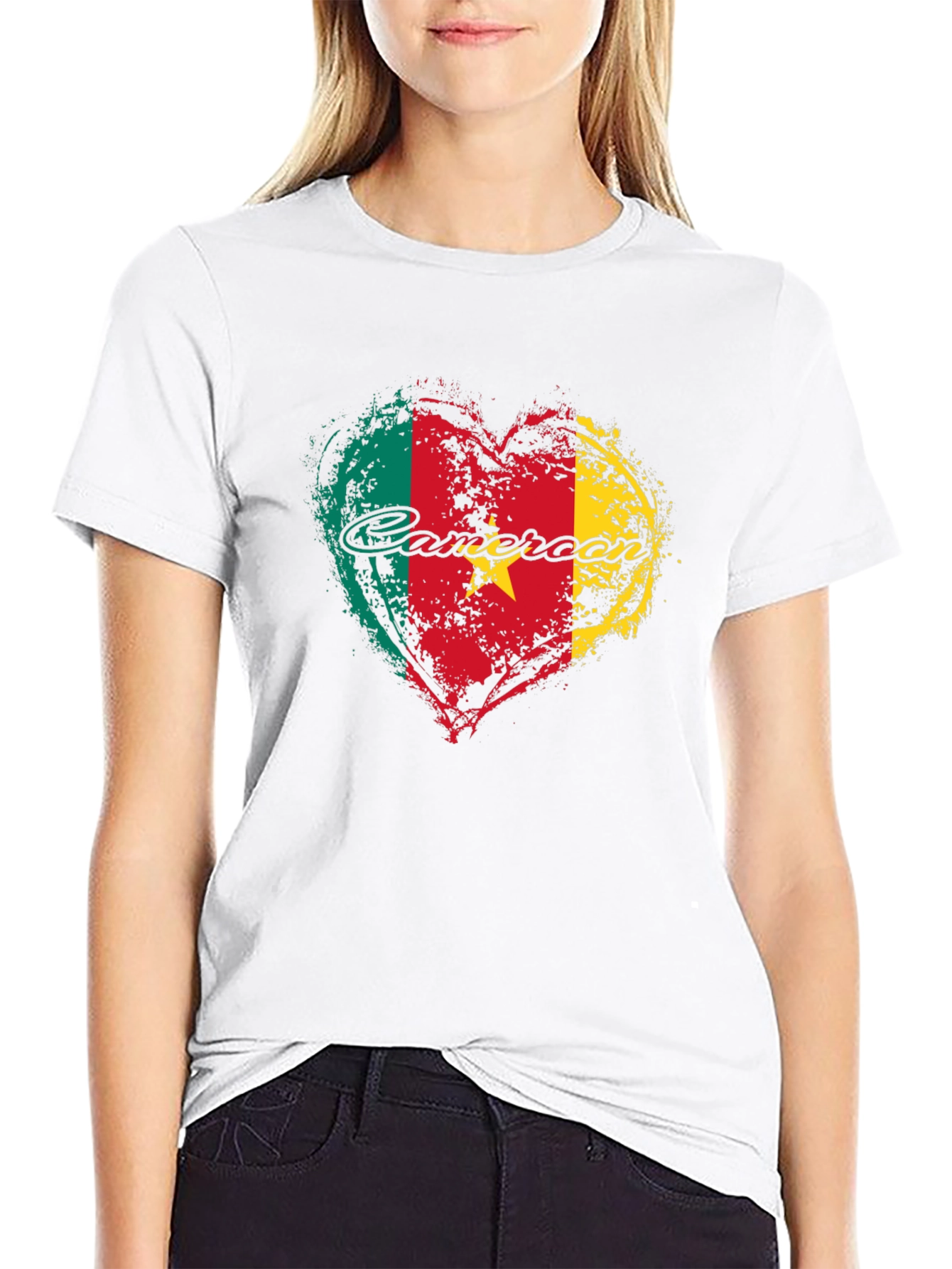 Cameroon Flag Heart T-Shirt - Black Crew Neck Tee