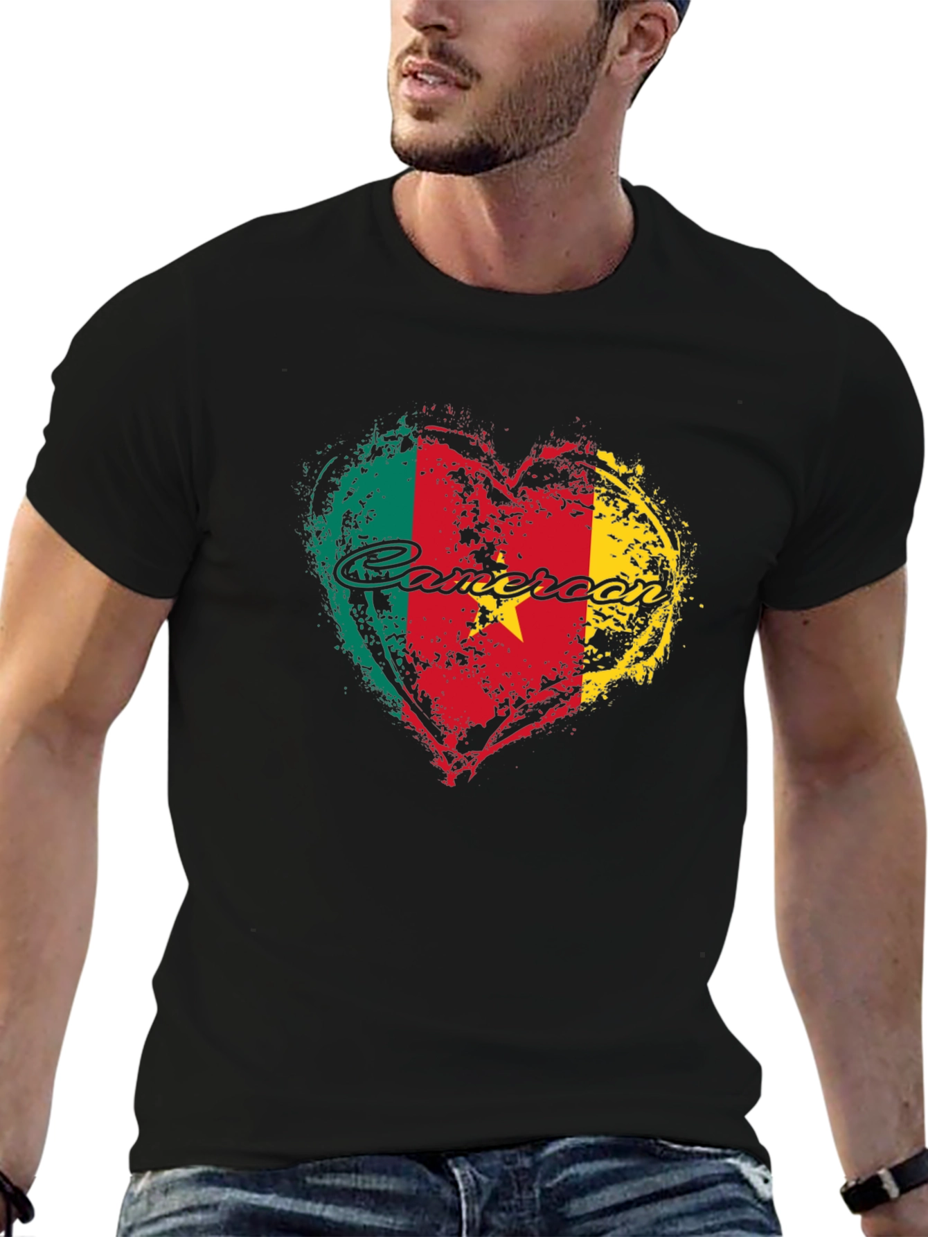 Cameroon Flag Heart T-Shirt - Black Crew Neck Tee