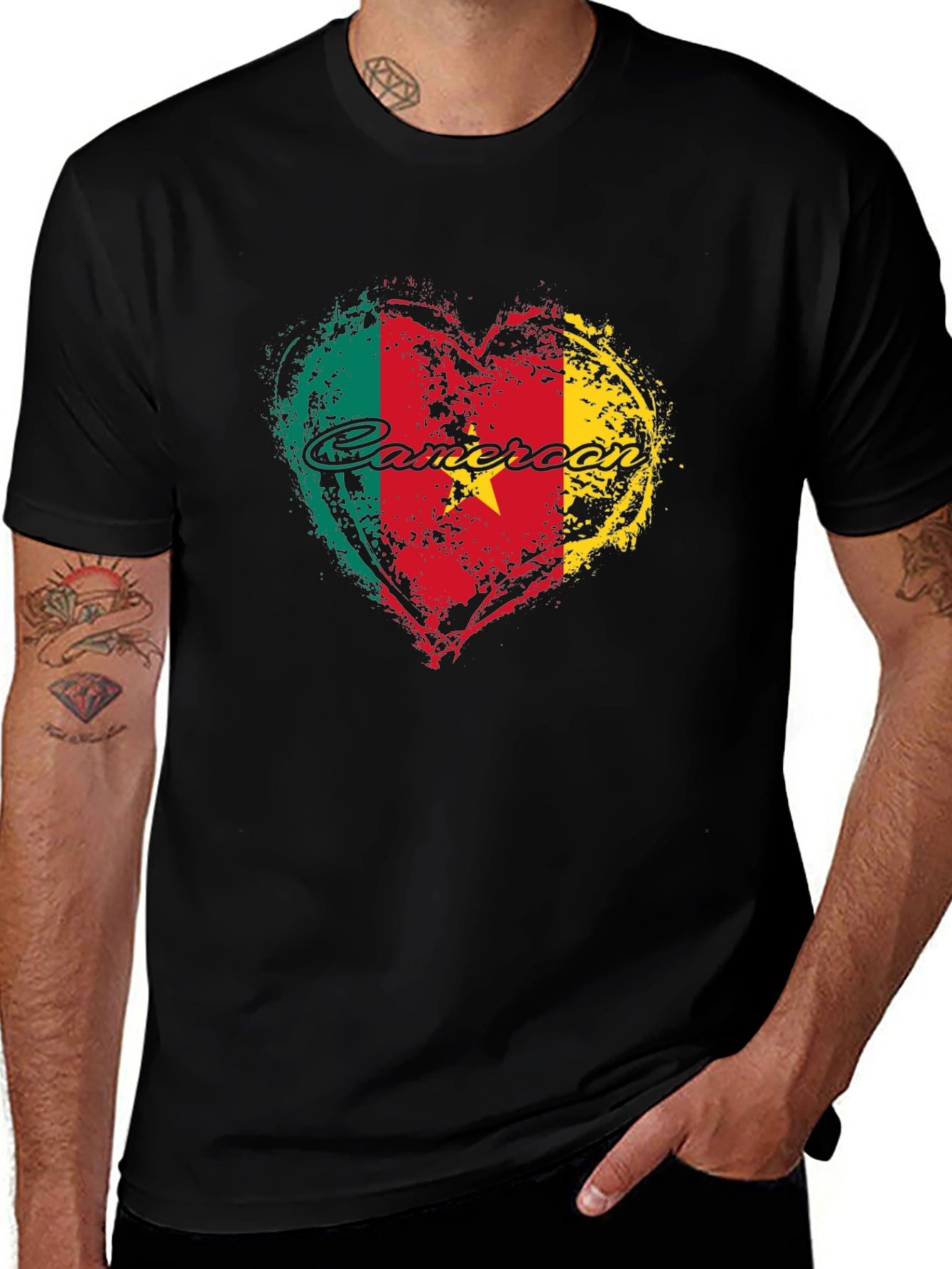 Cameroon Flag Heart T-Shirt - Black Crew Neck Tee