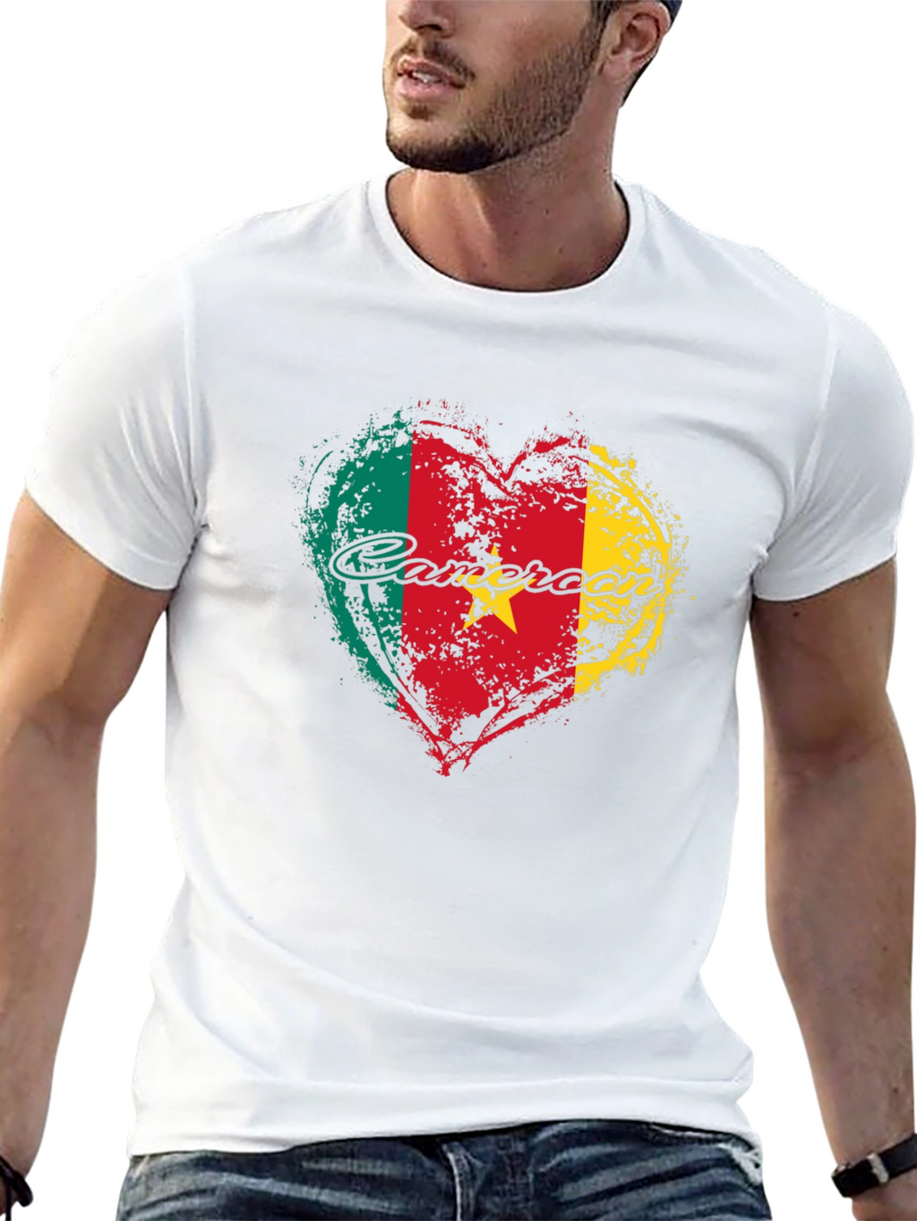 Cameroon Flag Heart T-Shirt - Black Crew Neck Tee