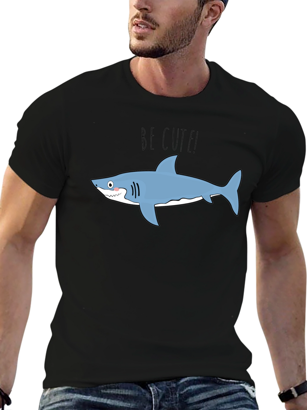Cute Shark Graphic Tee - Black Cotton T-Shirt