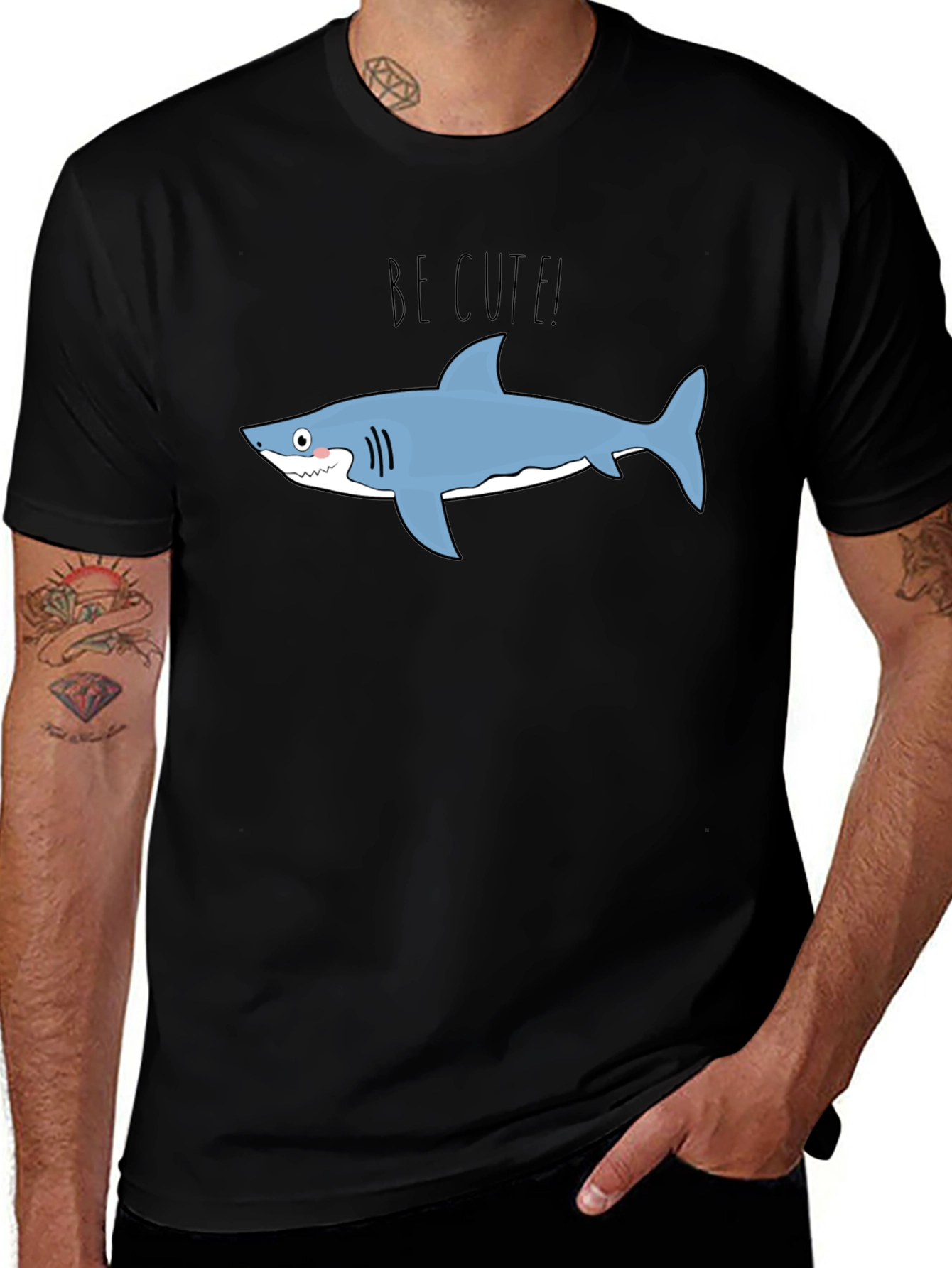 Cute Shark Graphic Tee - Black Cotton T-Shirt