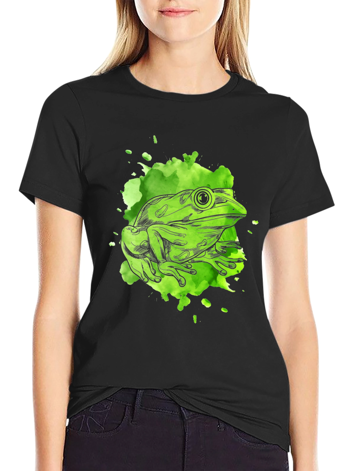 Green Frog Graphic T-Shirt - Unique Watercolor Design