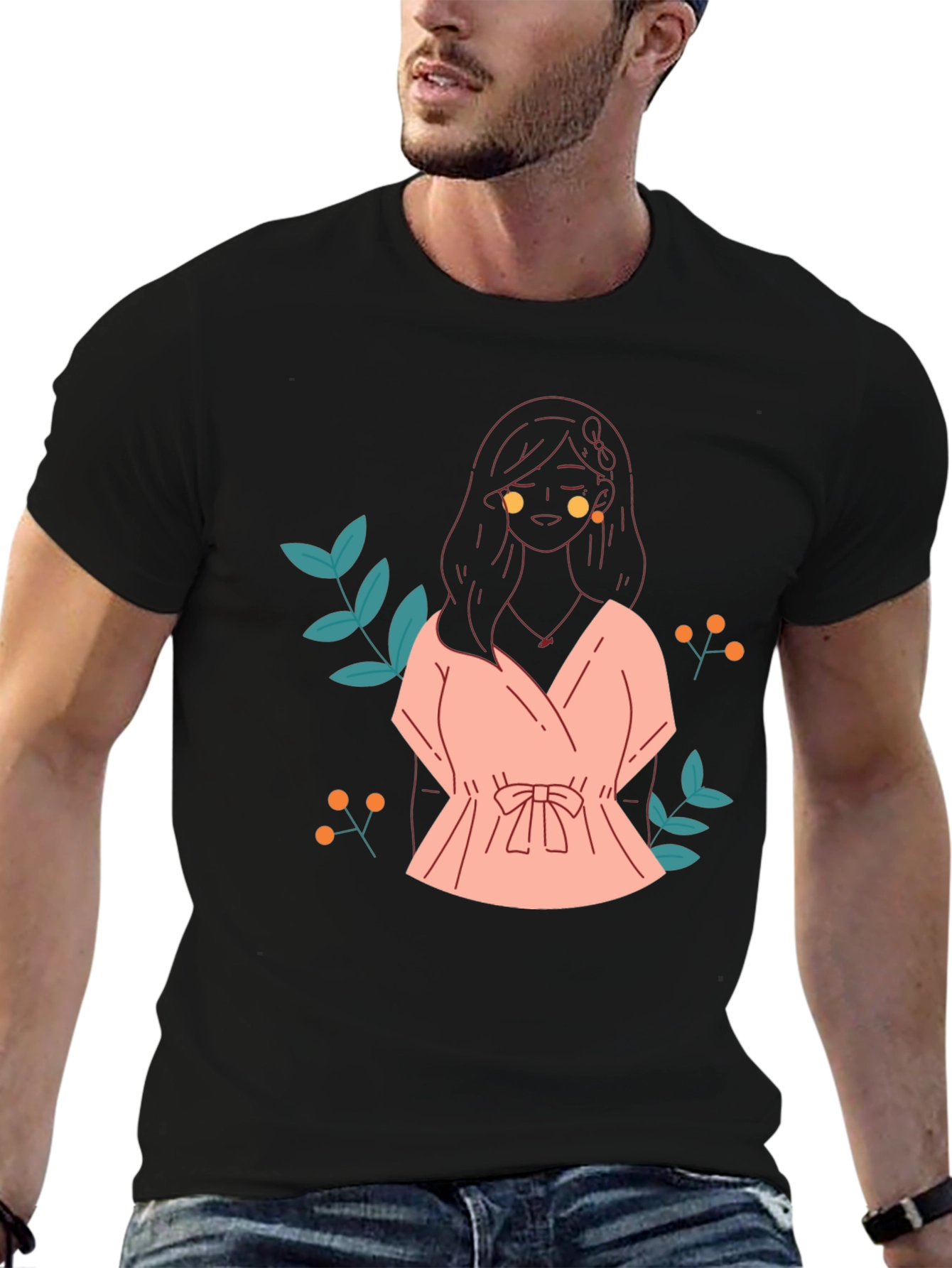 Black T-Shirt with Girl in Pink Dress Graphic Print