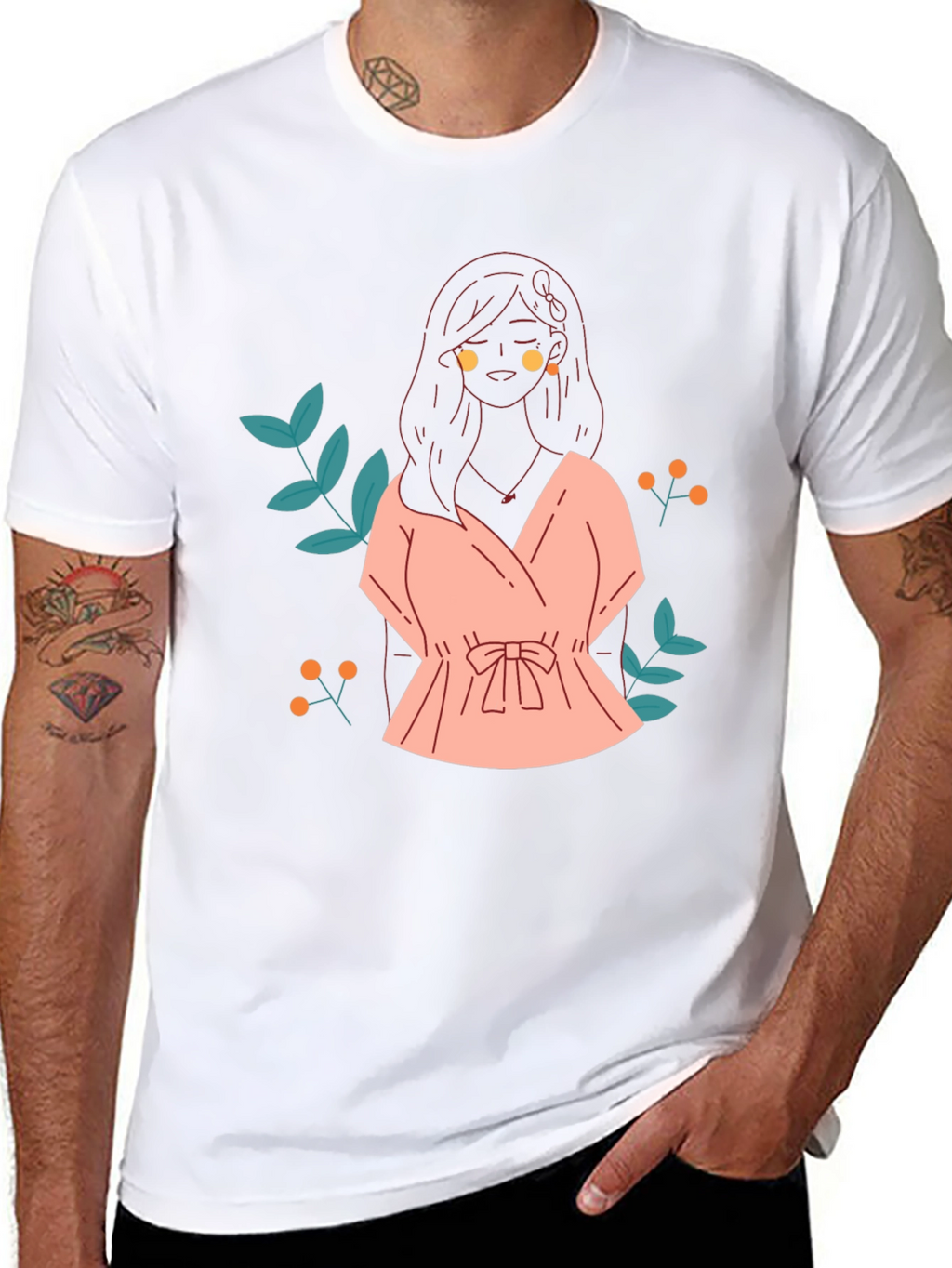 Black T-Shirt with Girl in Pink Dress Graphic Print