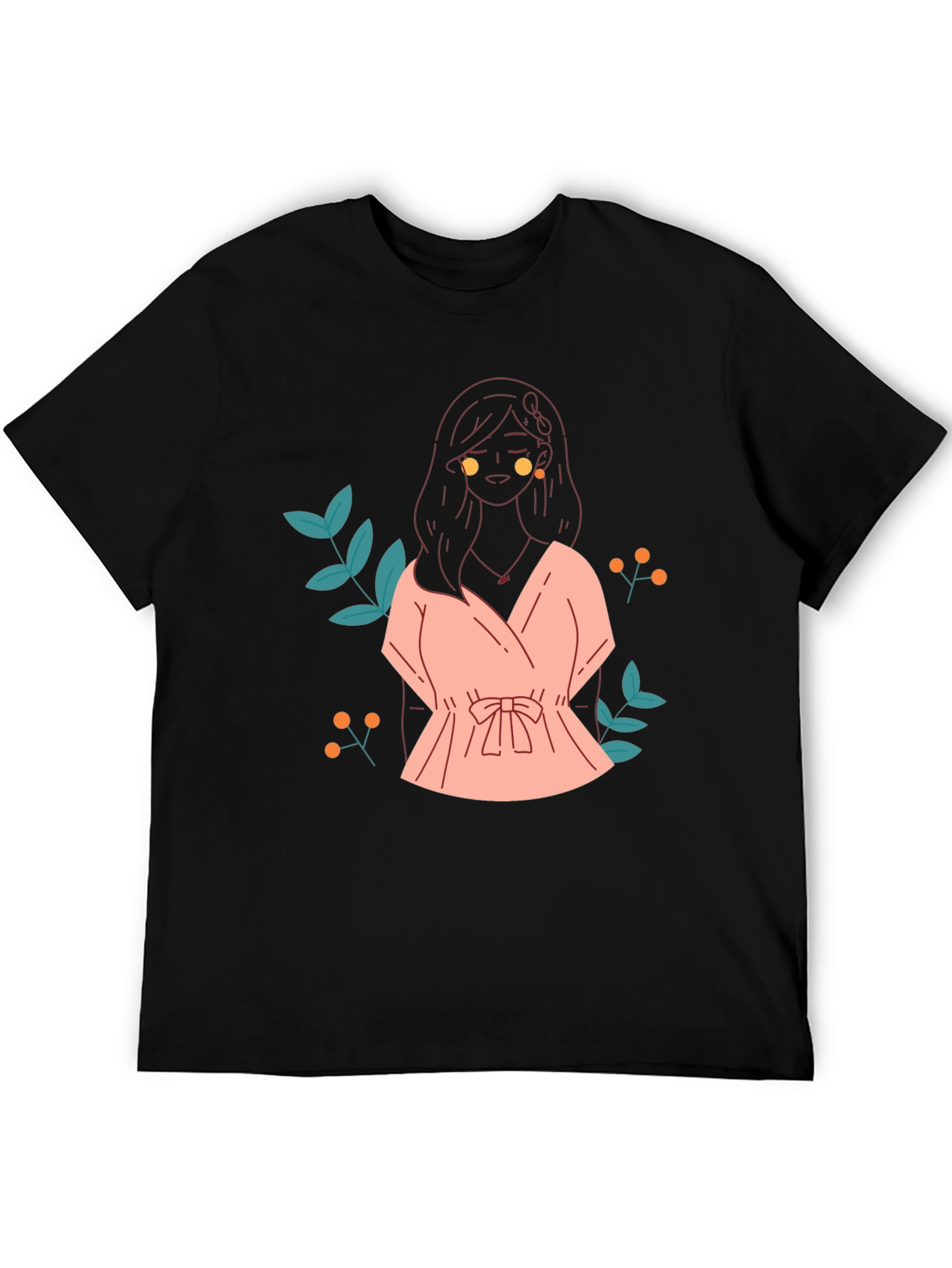 Black T-Shirt with Girl in Pink Dress Graphic Print