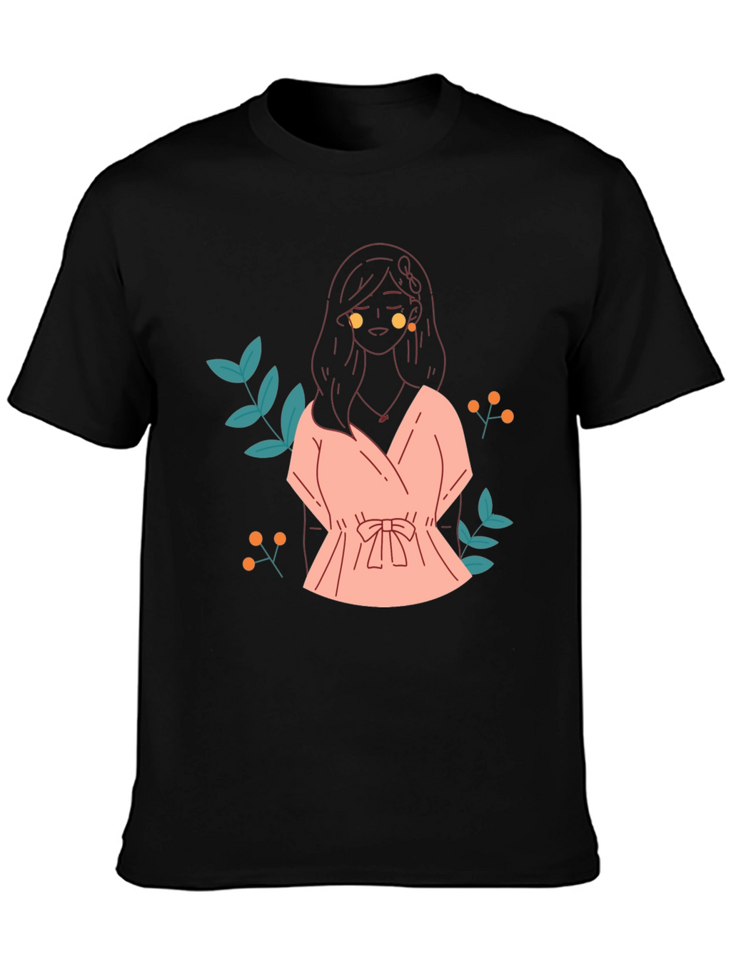 Black T-Shirt with Girl in Pink Dress Graphic Print