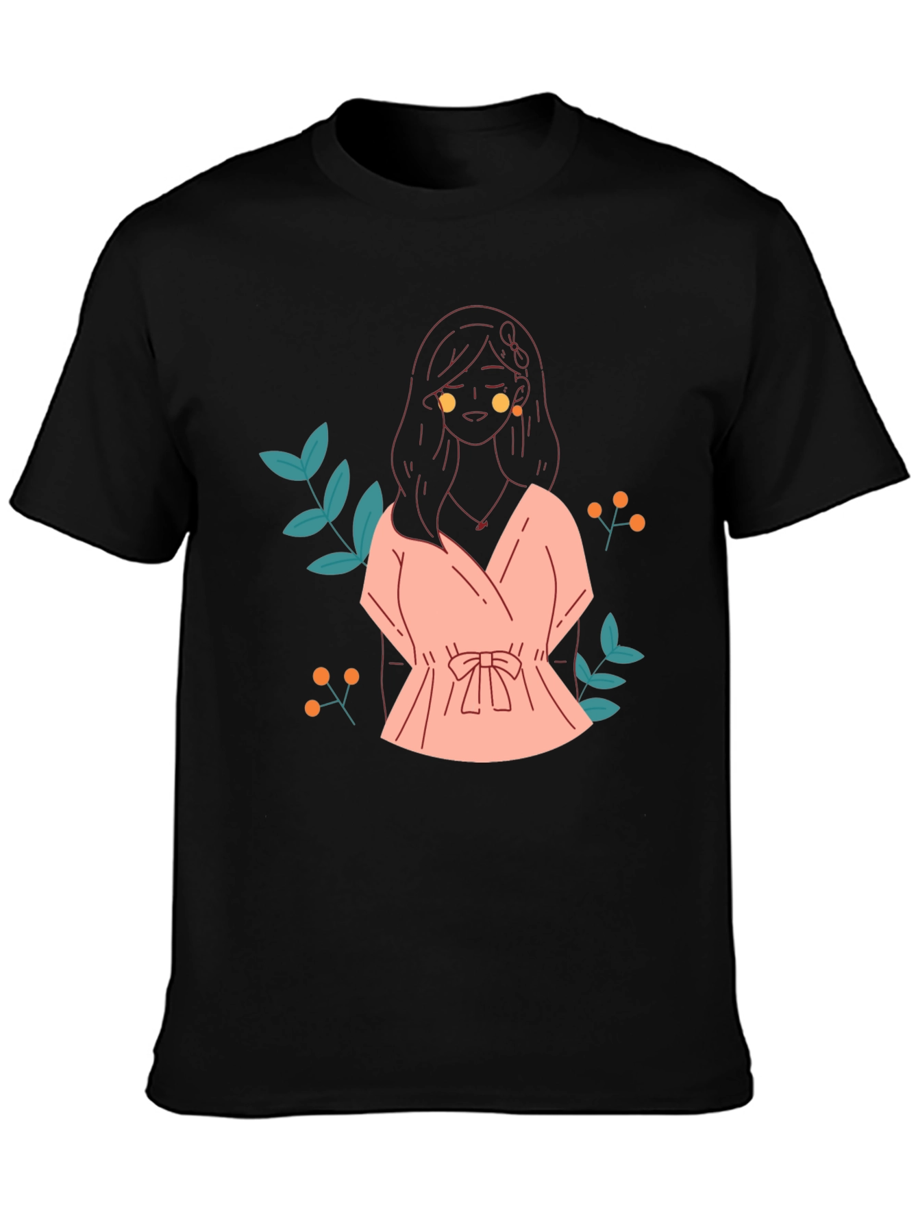 Black T-Shirt with Girl in Pink Dress Graphic Print