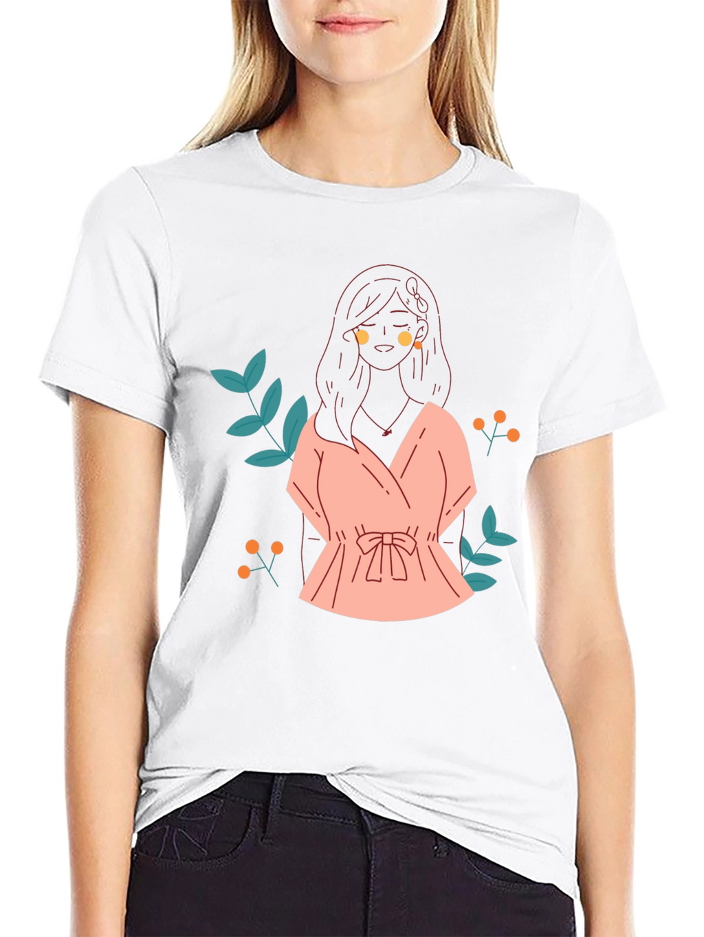 Black T-Shirt with Girl in Pink Dress Graphic Print