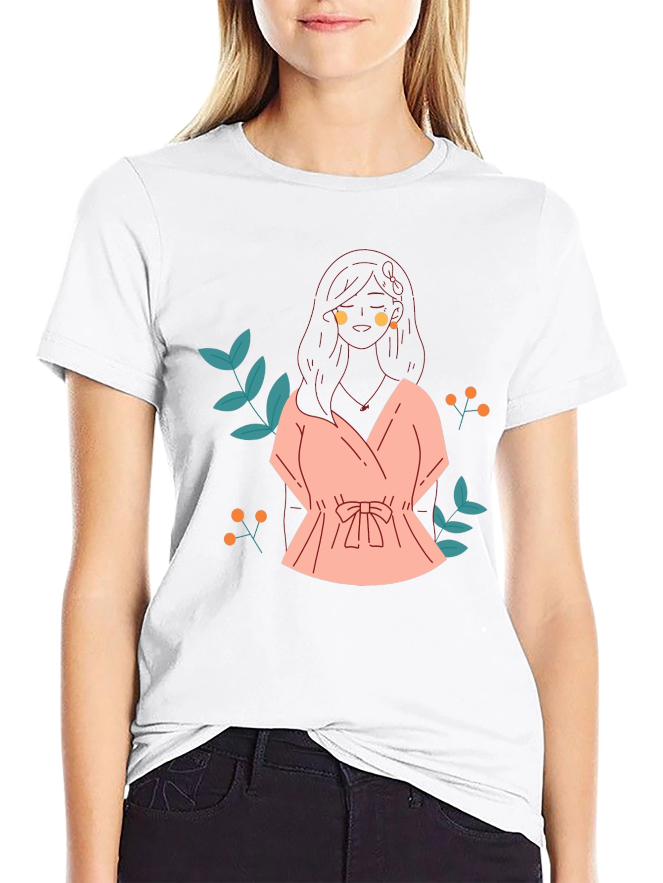 Black T-Shirt with Girl in Pink Dress Graphic Print