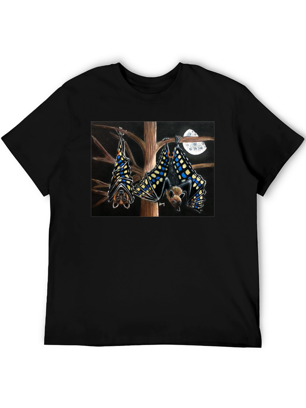 Bats & Moon Graphic Tee - Black Cotton T-Shirt
