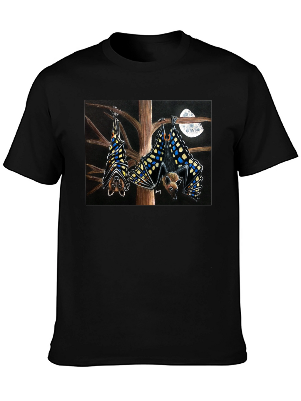 Bats & Moon Graphic Tee - Black Cotton T-Shirt