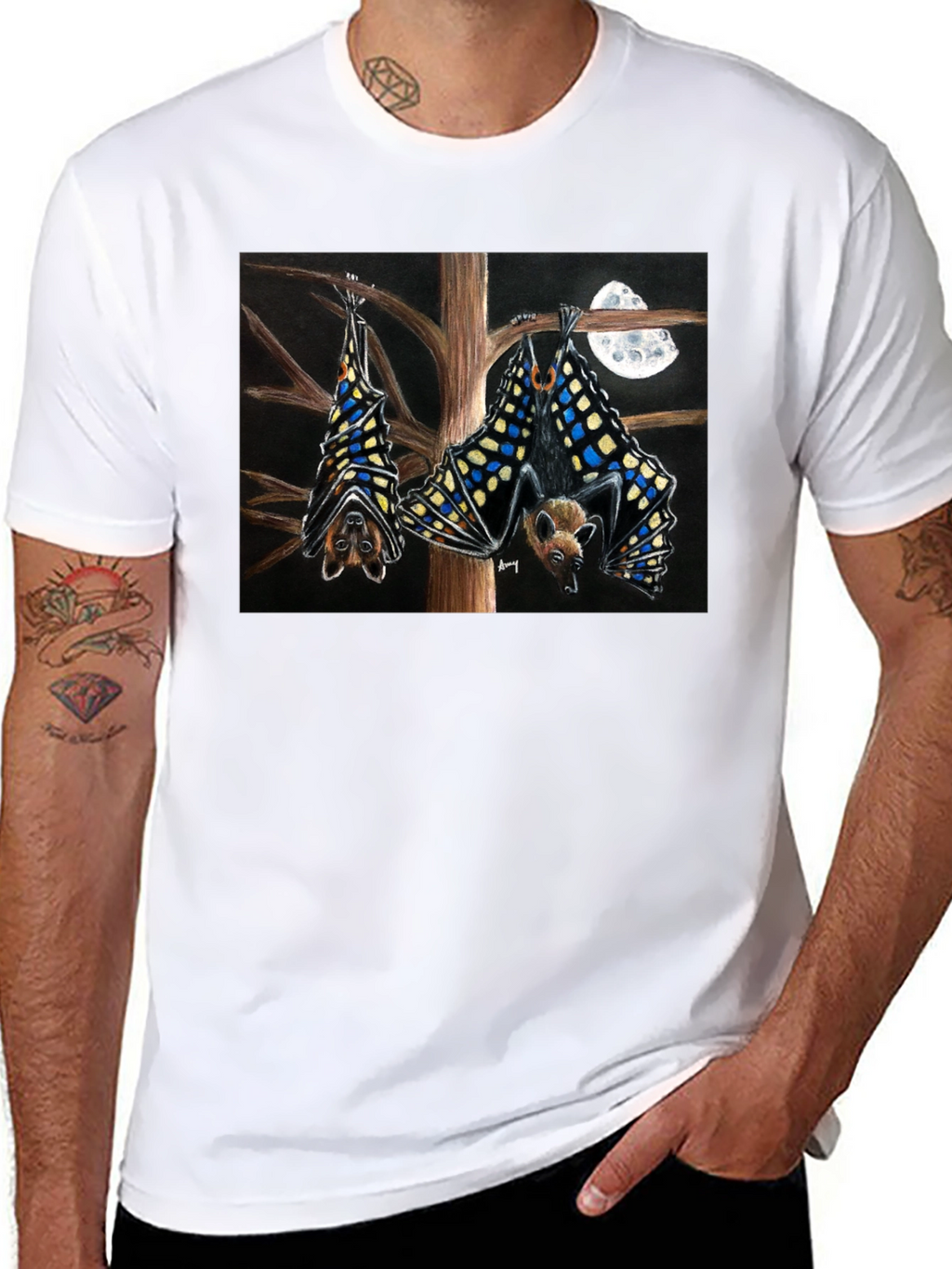 Bats & Moon Graphic Tee - Black Cotton T-Shirt