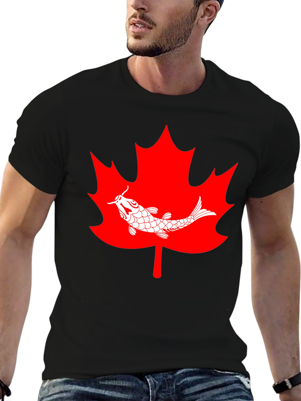 Koi Fish Maple Leaf Graphic Tee - Black