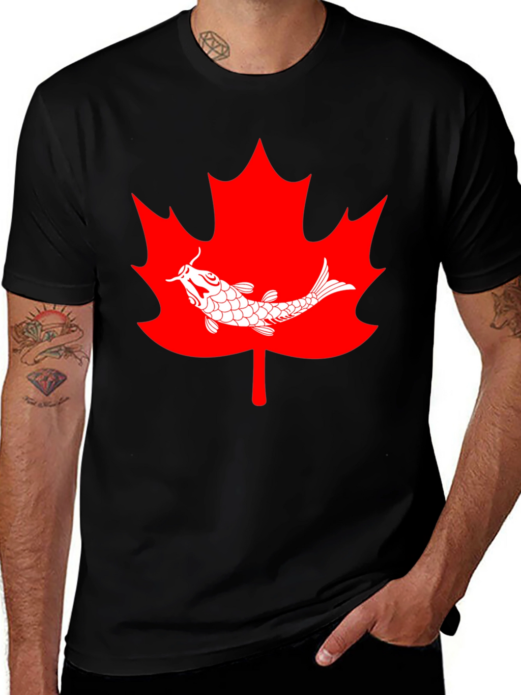 Koi Fish Maple Leaf Graphic Tee - Black