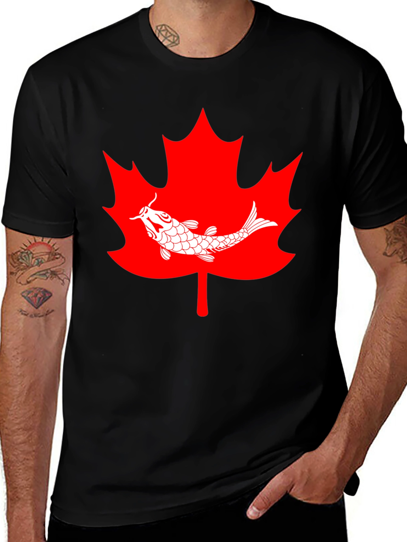 Koi Fish Maple Leaf Graphic Tee - Black