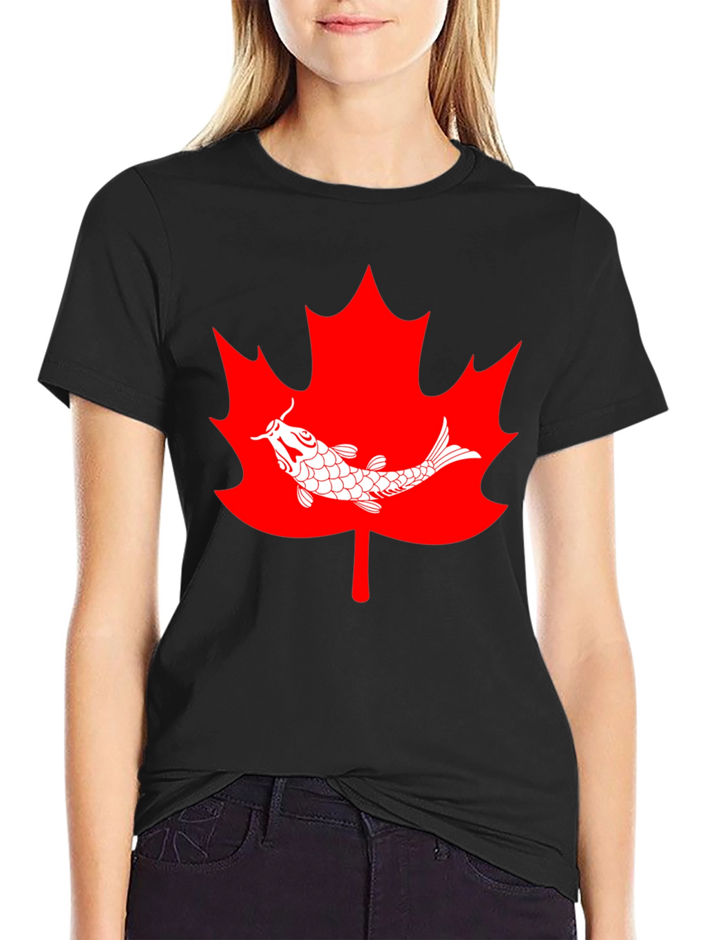 Koi Fish Maple Leaf Graphic Tee - Black