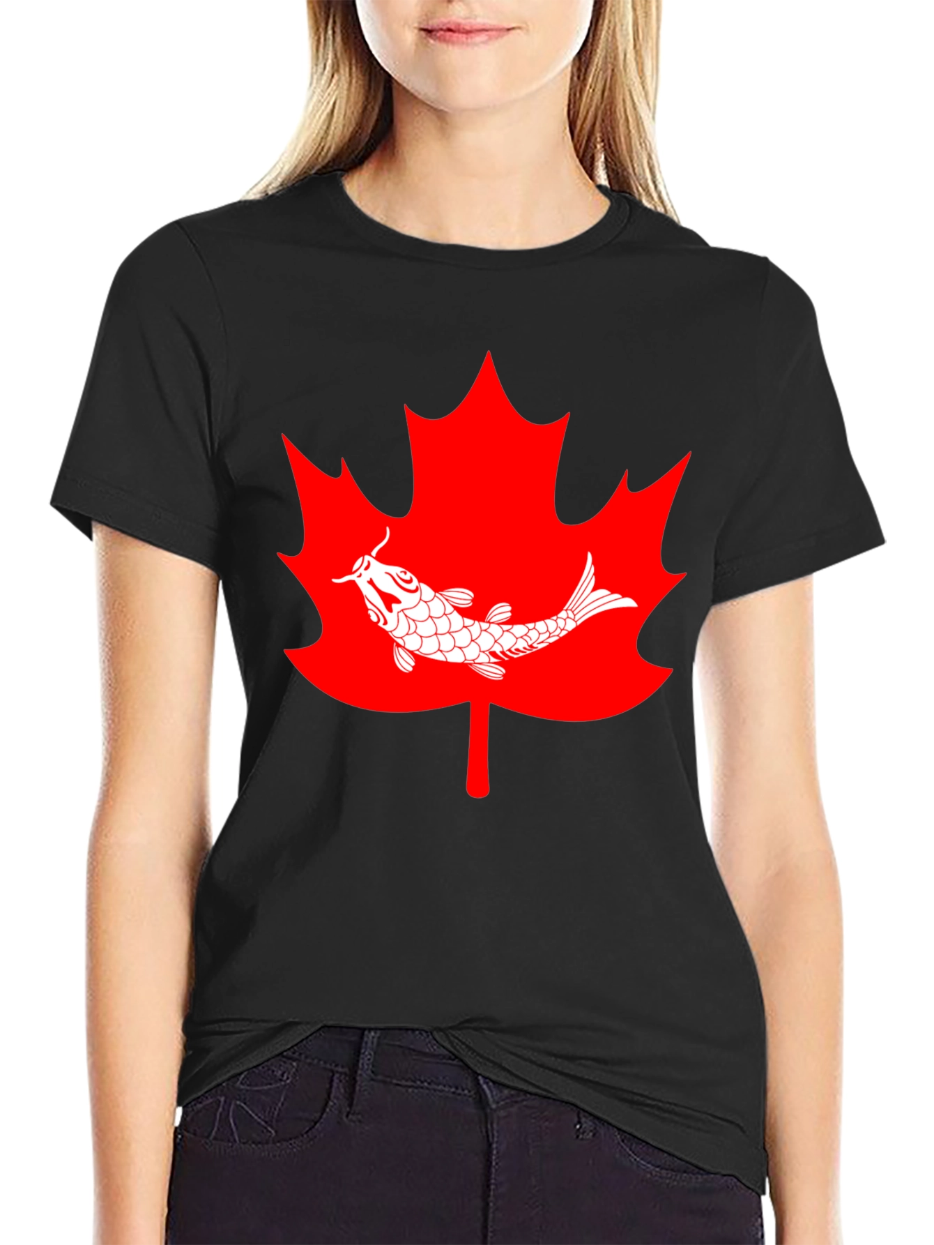 Koi Fish Maple Leaf Graphic Tee - Black