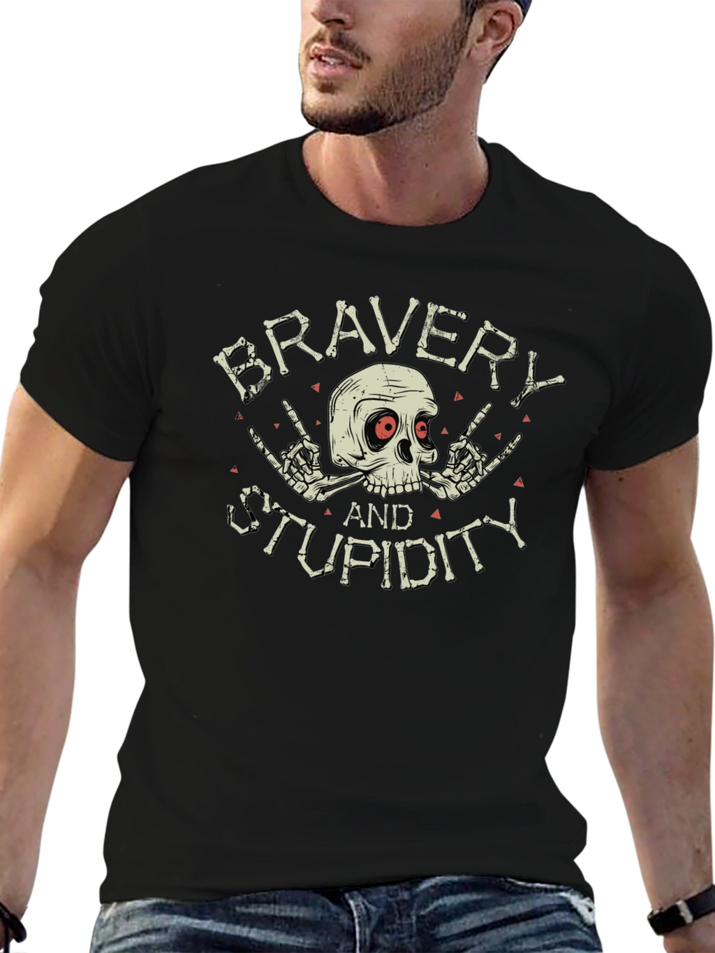 Bravery and Stupidity Graphic Tee - Skull Design