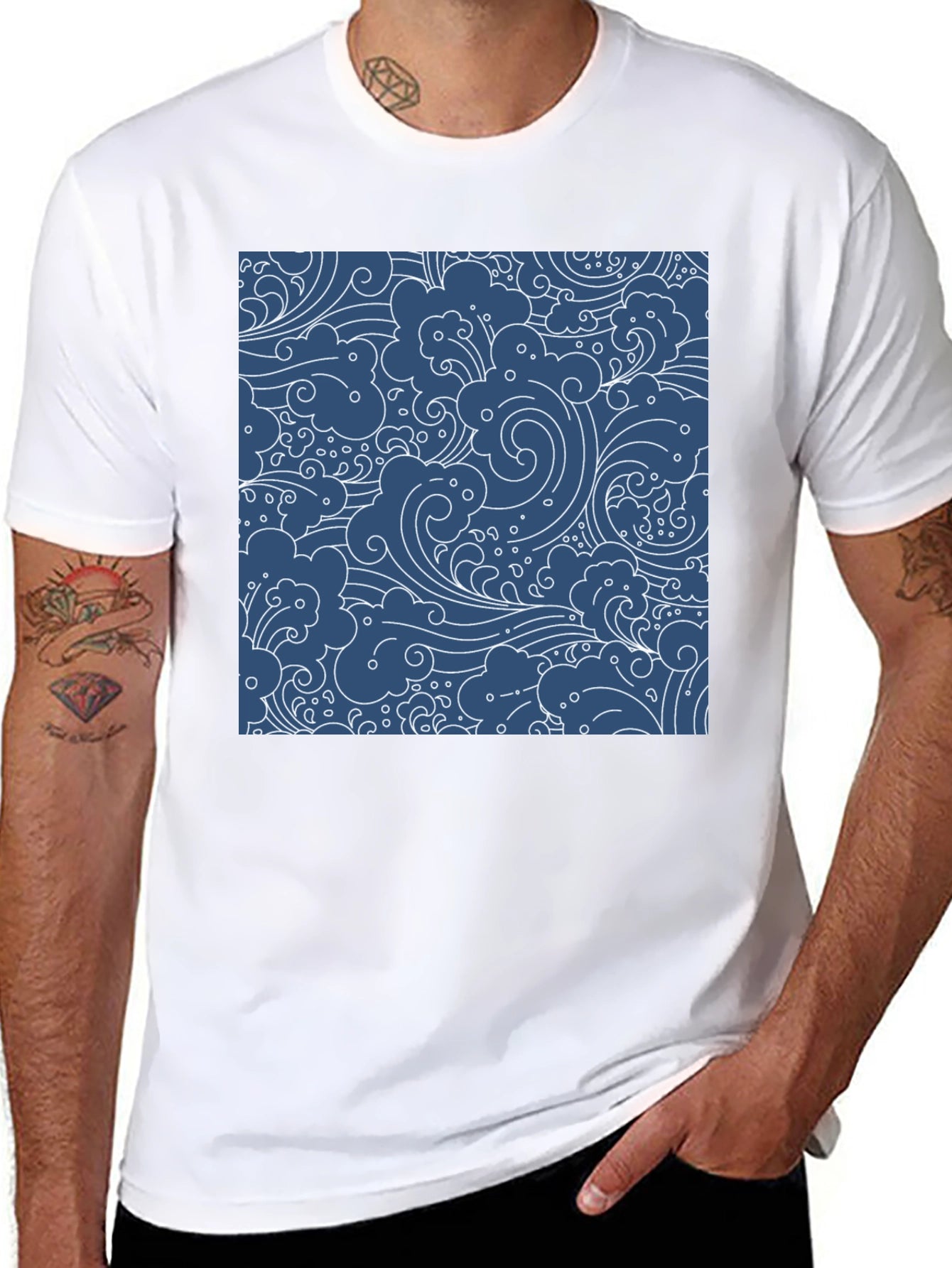 Stylish Black T-Shirt with Blue Wave Pattern