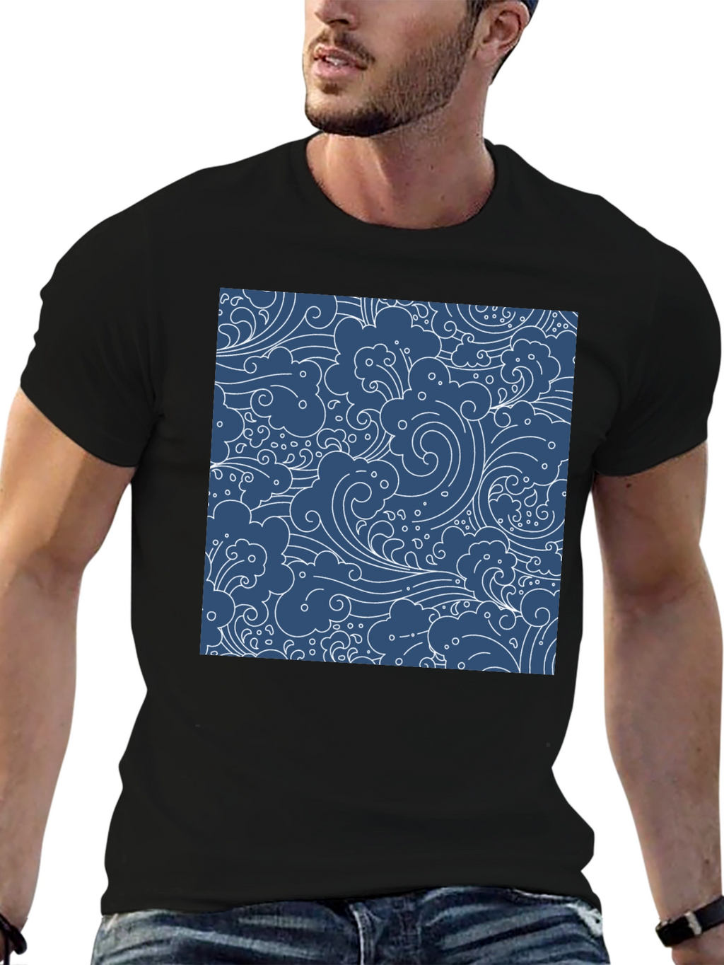 Stylish Black T-Shirt with Blue Wave Pattern