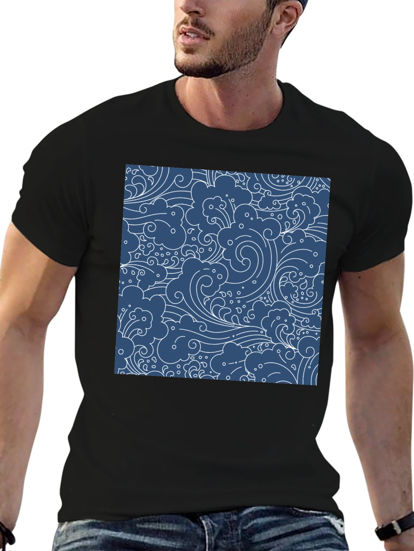 Stylish Black T-Shirt with Blue Wave Pattern