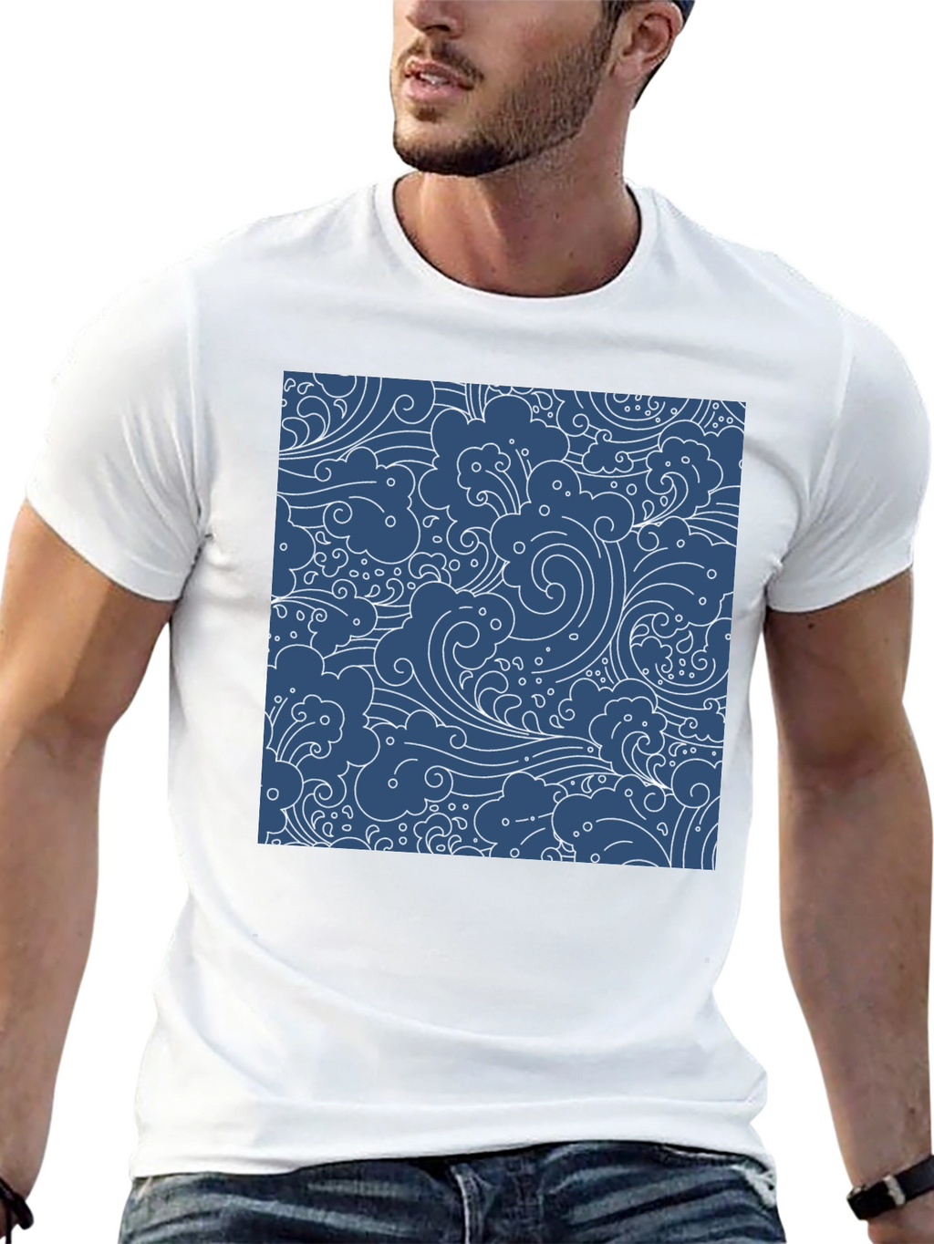 Stylish Black T-Shirt with Blue Wave Pattern