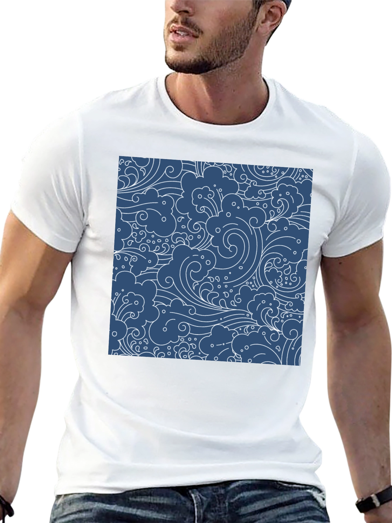 Stylish Black T-Shirt with Blue Wave Pattern