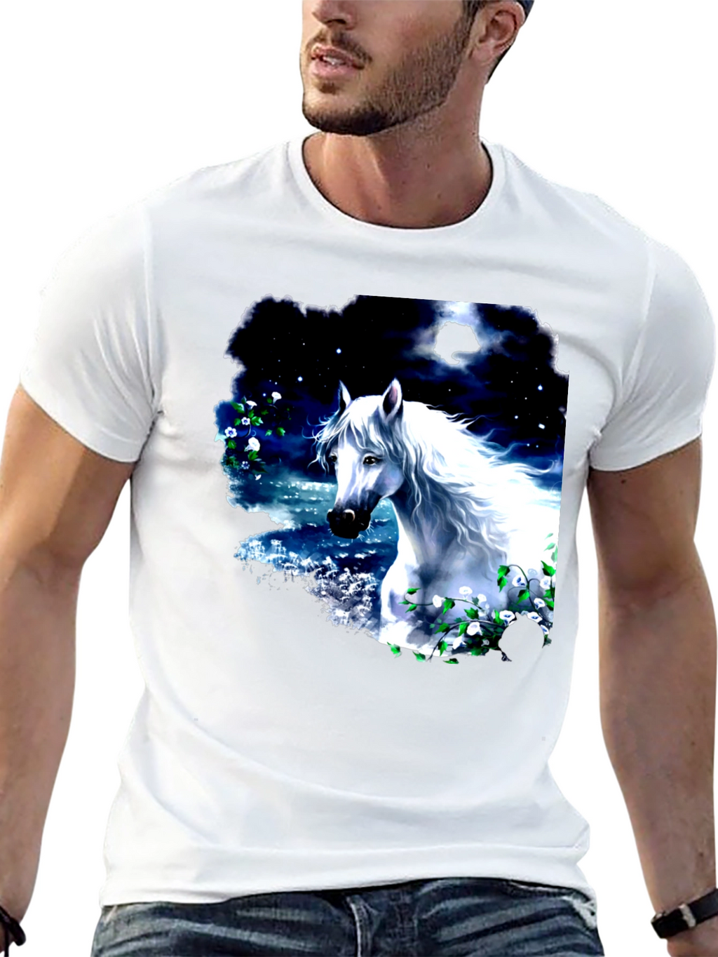 Majestic White Horse Graphic Tee - Black Cotton