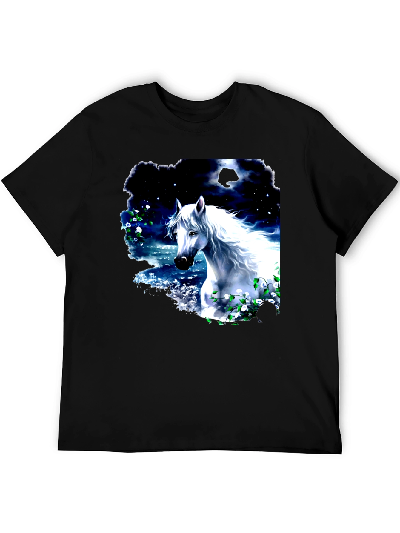 Majestic White Horse Graphic Tee - Black Cotton