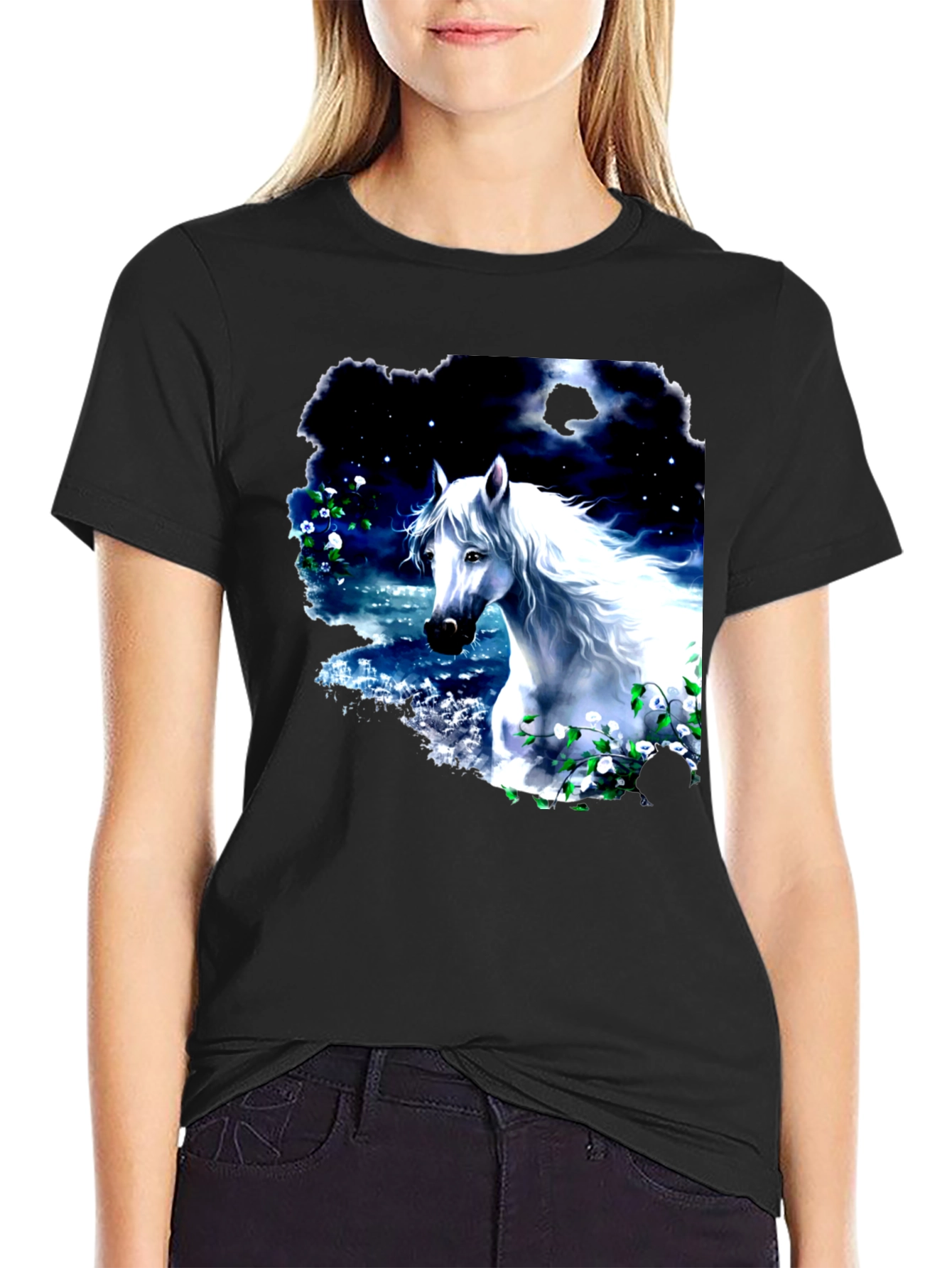 Majestic White Horse Graphic Tee - Black Cotton