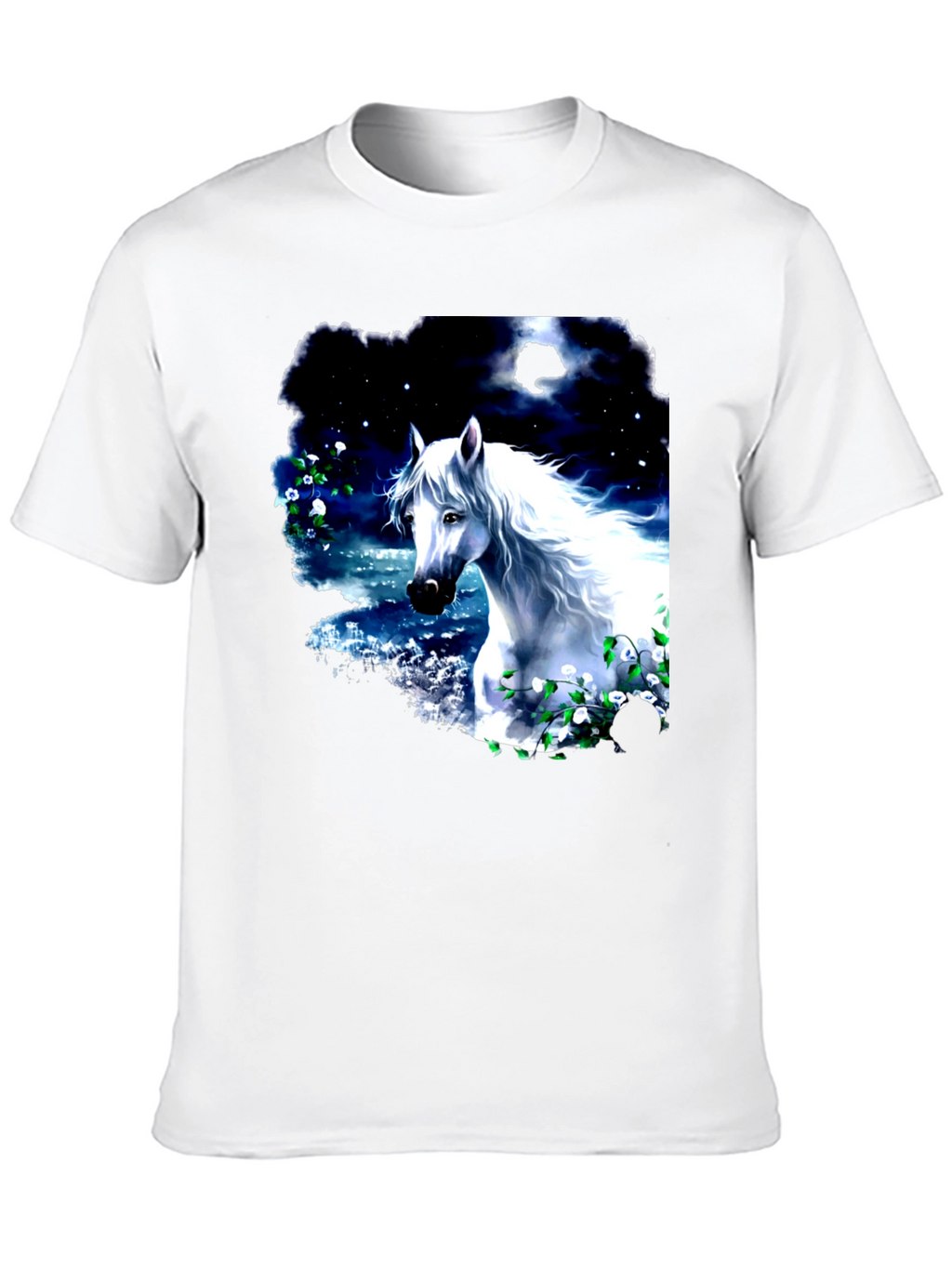 Majestic White Horse Graphic Tee - Black Cotton