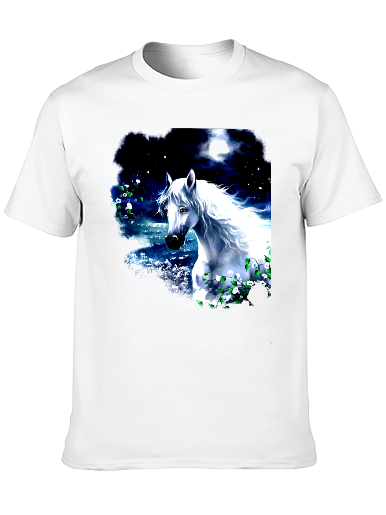 Majestic White Horse Graphic Tee - Black Cotton